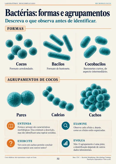 Página real ilustrada sobre formas e agrupamentos de bactérias