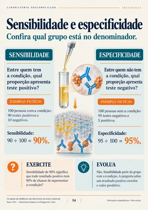 Página real com exemplos fictícios de sensibilidade e especificidade dos testes